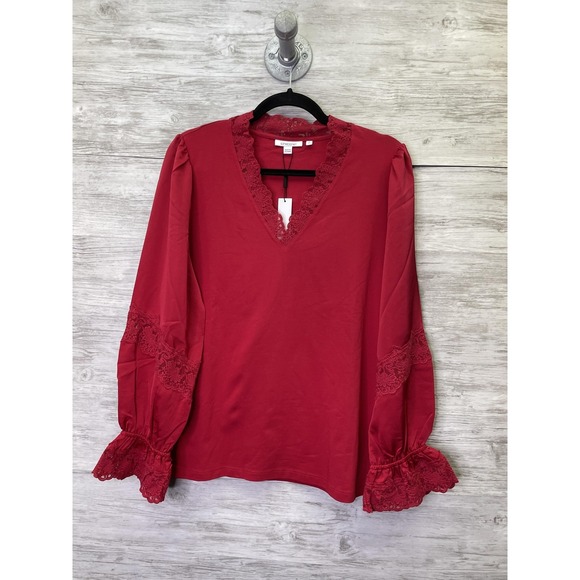 Chico's Tops - Chico's Womens 2 Red Lace V-Neck Puff Sleeve Jersey Embroidered Blouse NEW